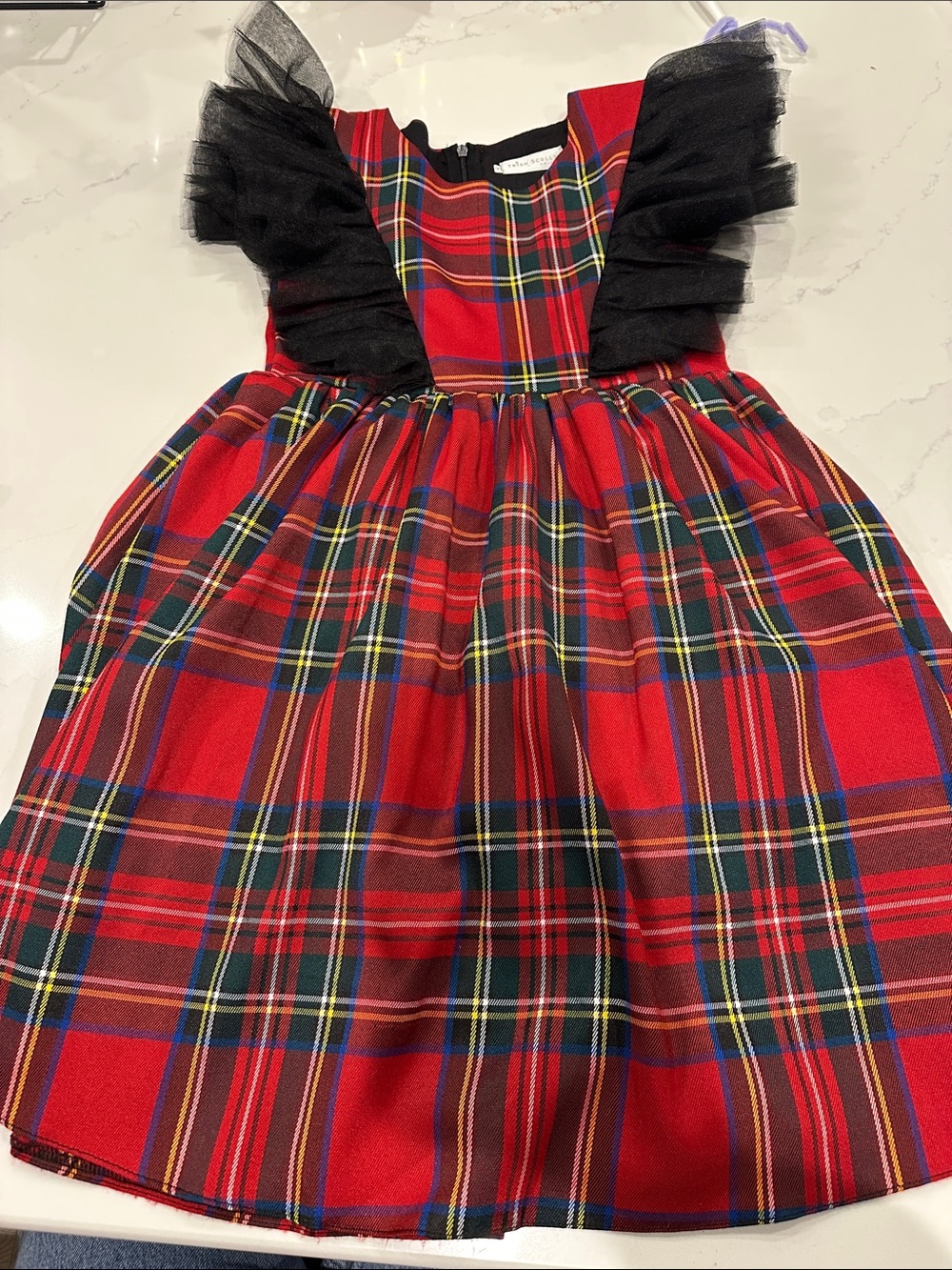 Trish Scully Formal Holiday Red Plaid Dress with Tulle Ruffle Sleeves size 6